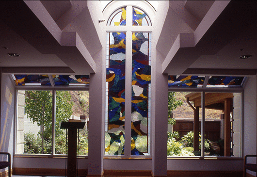 Architectural leaded glass window installed in a chapel